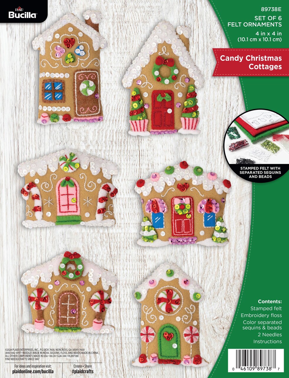 Bucilla Felt Ornaments Applique Kit Set Of 6-Candy Christmas Cottages